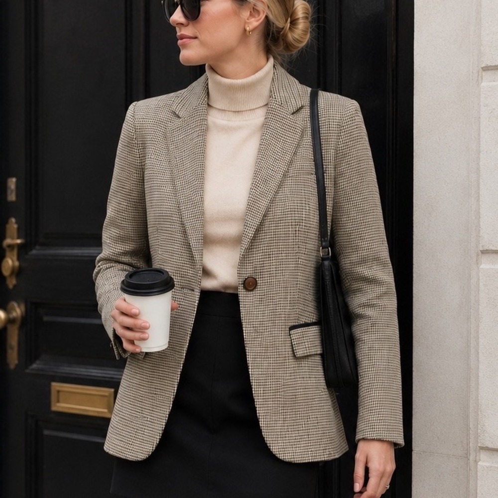 British Khaki Blazer Women's Small Houndstooth Elbow Patch Academia Preppy Coat